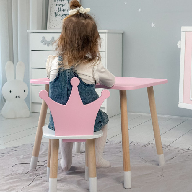 Стол прямоугольный 46х60х45 и стул корона 26.5х26х25, столик и стульчик для девочки до 7 лет, розовый