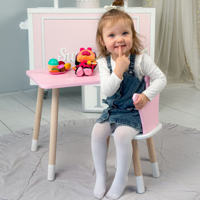 Стол прямоугольный 46х60х45 и стул корона 26.5х26х25, столик и стульчик для девочки до 7 лет, розовый