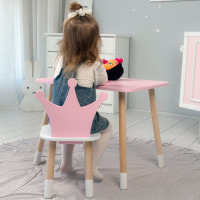 Стіл прямокутний 46х60х45 і стілець корона 26.5х26х25, столик та стільчик для дівчинки до 7 років, рожевий білим