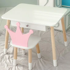 Дитячий столик білий і стільчик корона біло-рожевий. Столик із шухлядою для олівців і розмальовок 56787