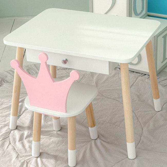 Детский столик белый и стульчик корона бело-розовый. Столик с ящиком для карандашей и раскрасок 56787