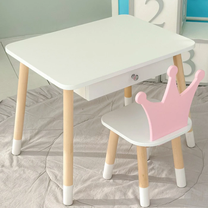 Дитячий столик білий і стільчик корона біло-рожевий. Столик із шухлядою для олівців і розмальовок 56787
