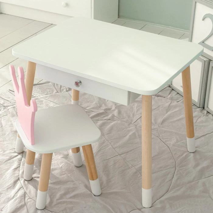 Дитячий столик білий і стільчик корона біло-рожевий. Столик із шухлядою для олівців і розмальовок 56787