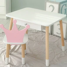 Детский столик белый и стульчик корона бело-розовый. Столик с ящиком для карандашей и раскрасок 56787