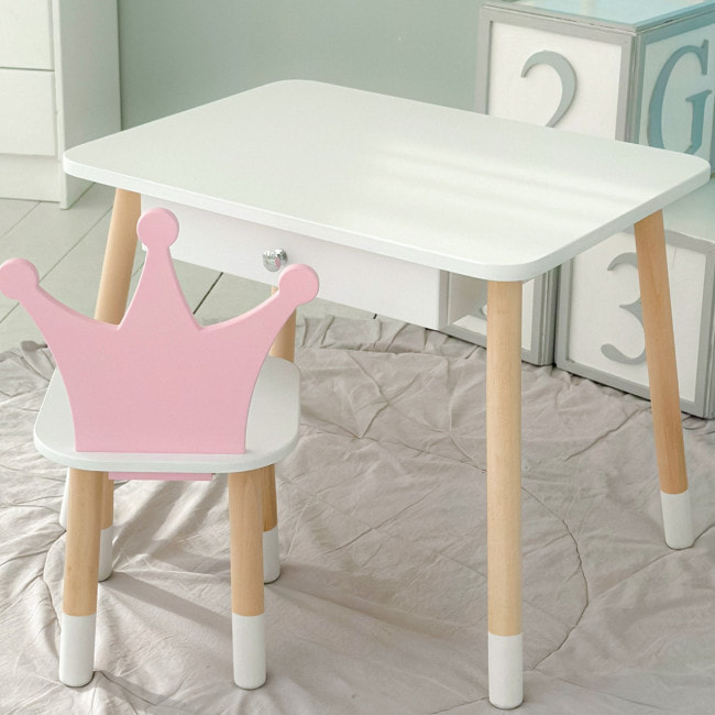 Детский столик белый и стульчик корона бело-розовый. Столик с ящиком для карандашей и раскрасок 56787