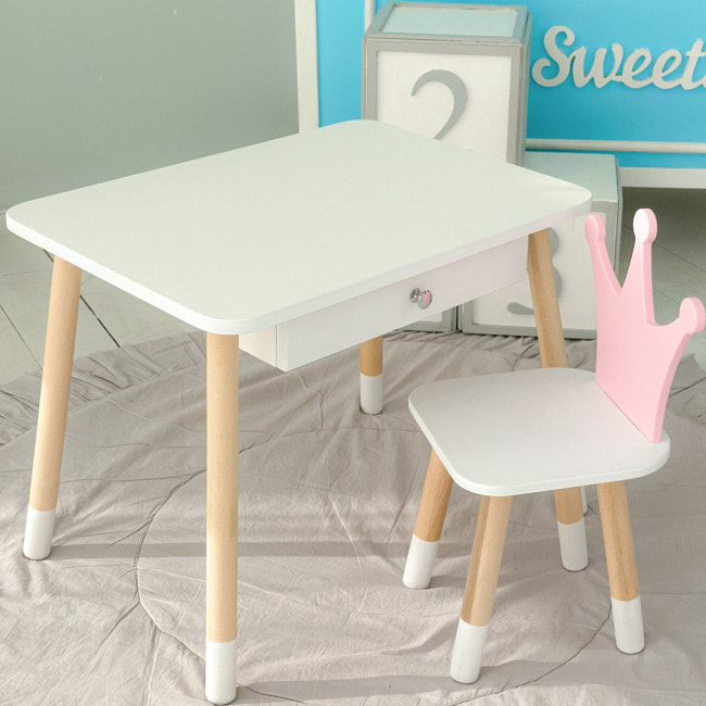 Детский столик белый и стульчик корона бело-розовый. Столик с ящиком для карандашей и раскрасок 56787