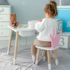 Детский столик белый и стульчик корона бело-розовый. Столик с ящиком для карандашей и раскрасок 56787