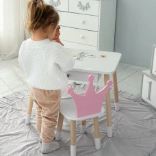 Детский столик белый и стульчик корона бело-розовый. Столик с ящиком для карандашей и раскрасок 56787