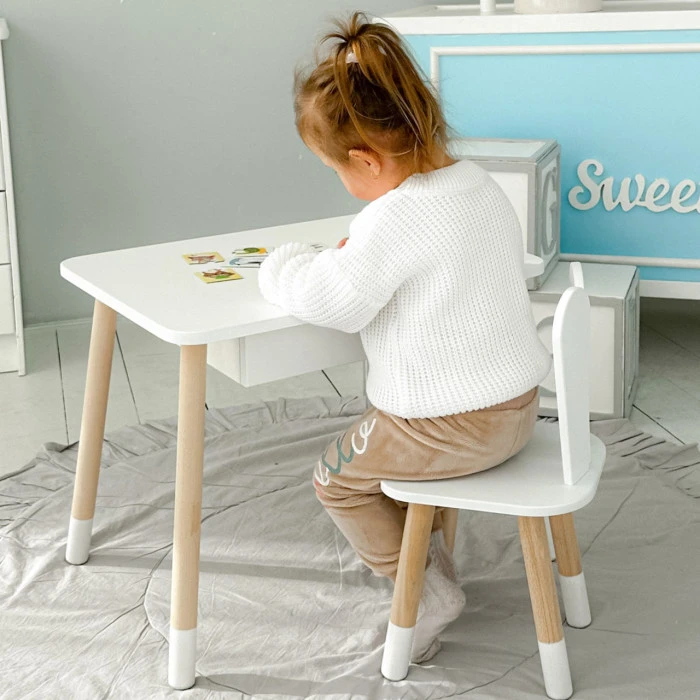 Стіл прямокутний з ящиком 46х60х45 і стілець вушка кролика 26.5х26х25, столик та стільчик в дитячу, білий