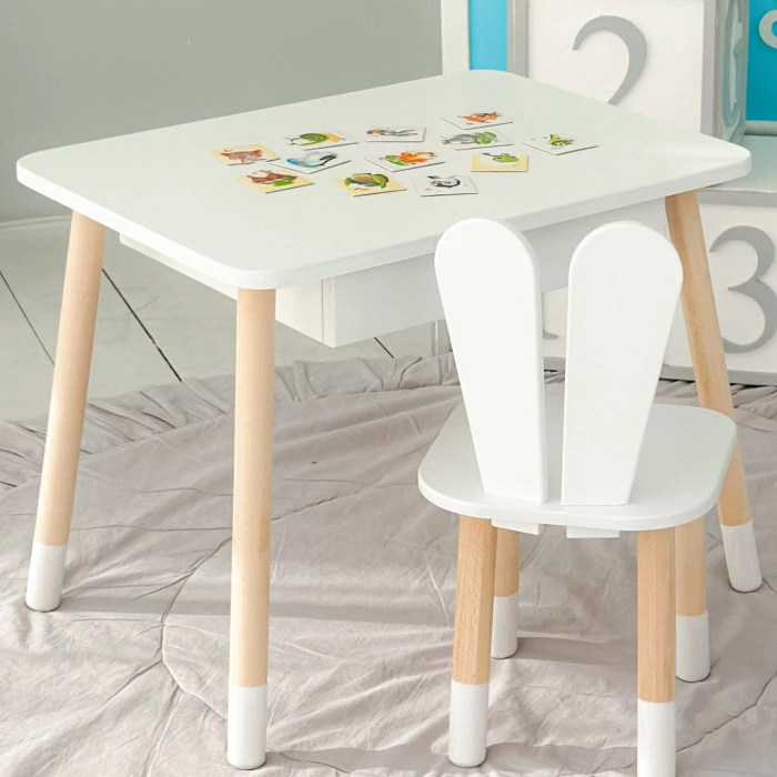 Стіл прямокутний з ящиком 46х60х45 і стілець вушка кролика 26.5х26х25, столик та стільчик в дитячу, білий