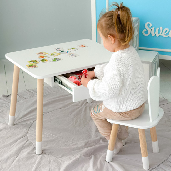 Стол прямоугольный с ящиком 46х60х45 и стул ушка кролика 26.5х26х25, столик и стульчик в детский, белый