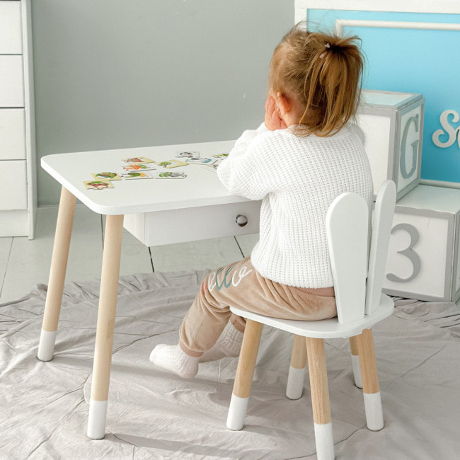 Стол прямоугольный с ящиком 46х60х45 и стул ушка кролика 26.5х26х25, столик и стульчик в детский, белый