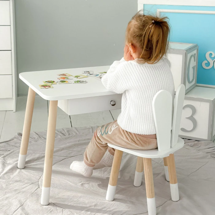 Стіл прямокутний з ящиком 46х60х45 і стілець вушка кролика 26.5х26х25, столик та стільчик в дитячу, білий