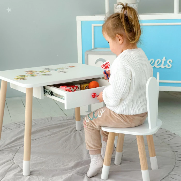 Стіл прямокутний з ящиком 46х60х45 і стілець вушка кролика 26.5х26х25, столик та стільчик в дитячу, білий