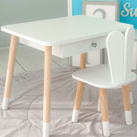 Стол прямоугольный с ящиком 46х60х45 и стул ушка кролика 26.5х26х25, столик и стульчик в детский, белый