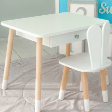 Стіл прямокутний з ящиком 46х60х45 і стілець вушка кролика 26.5х26х25, столик та стільчик в дитячу, білий