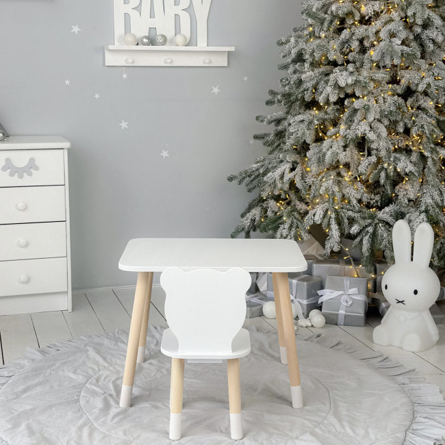 Стол прямоугольный 46х60х45 и стул медведик 26.5х26х25, столик и стульчик для мальчишеской комнаты, белый