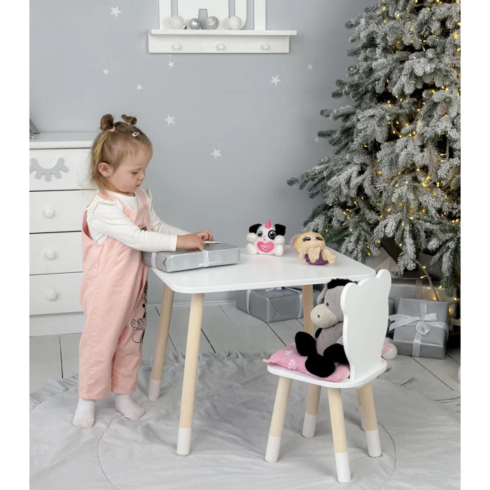 Стіл прямокутний 46х60х45 і стілець медведик 26.5х26х25, столик та стільчик для хлопчячої кімнати, білий