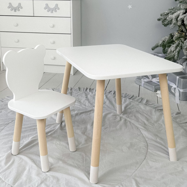 Стол прямоугольный 46х60х45 и стул медведик 26.5х26х25, столик и стульчик для мальчишеской комнаты, белый