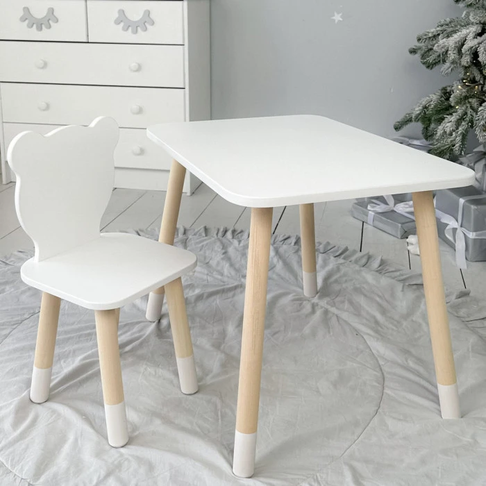 Стіл прямокутний 46х60х45 і стілець медведик 26.5х26х25, столик та стільчик для хлопчячої кімнати, білий