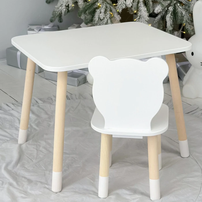 Стіл прямокутний 46х60х45 і стілець медведик 26.5х26х25, столик та стільчик для хлопчячої кімнати, білий