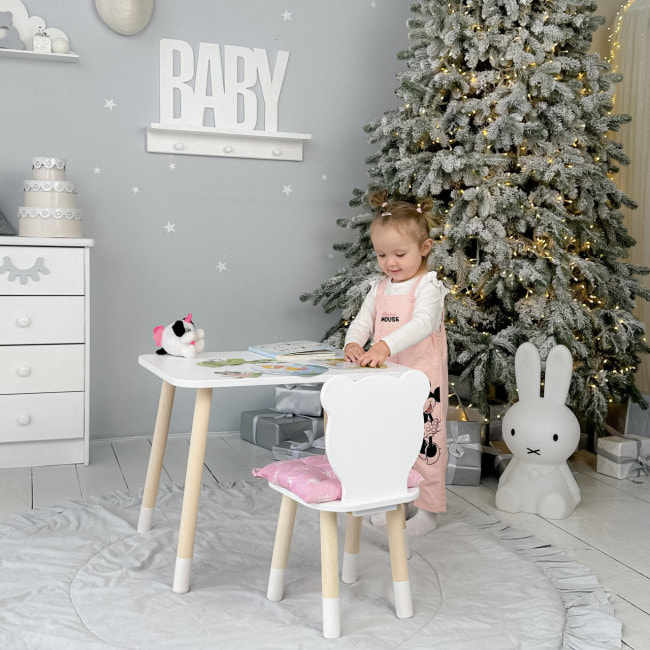 Стол прямоугольный 46х60х45 и стул медведик 26.5х26х25, столик и стульчик для мальчишеской комнаты, белый