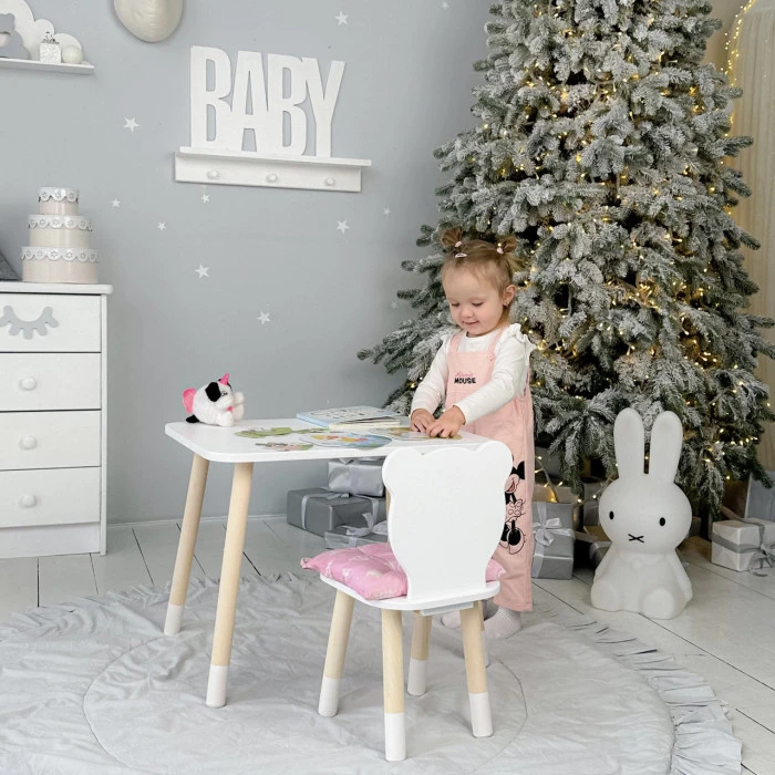 Стіл прямокутний 46х60х45 і стілець медведик 26.5х26х25, столик та стільчик для хлопчячої кімнати, білий