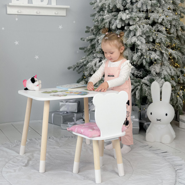 Стол прямоугольный 46х60х45 и стул медведик 26.5х26х25, столик и стульчик для мальчишеской комнаты, белый
