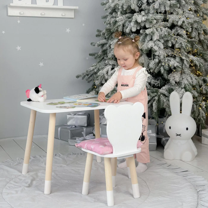 Стіл прямокутний 46х60х45 і стілець медведик 26.5х26х25, столик та стільчик для хлопчячої кімнати, білий