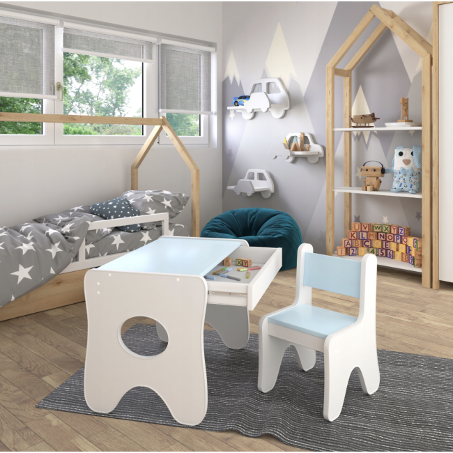 Удобный столик в детскую комнату 70×45×51, детский игровой стол с ящиком, белый с голубым