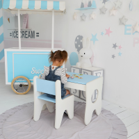 Удобный столик в детскую комнату 70×45×51, детский игровой стол с ящиком, белый с голубым