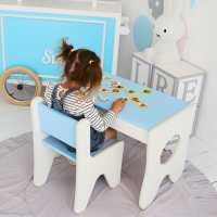 Удобный столик в детскую комнату 70×45×51, детский игровой стол с ящиком, белый с голубым