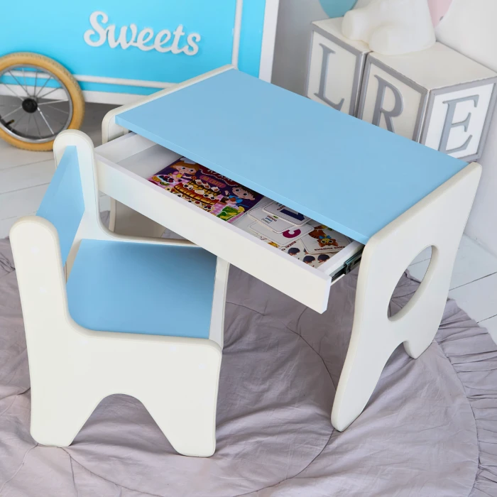 Зручний столик у дитячу кімнату 70×45×51, дитячий ігральний стіл із ящиком, білий з блакитним