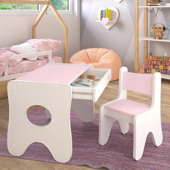 Набор детской мебели стол с ящиком и стульчик 70×45×51, стол и стул для детей, белый с розовым