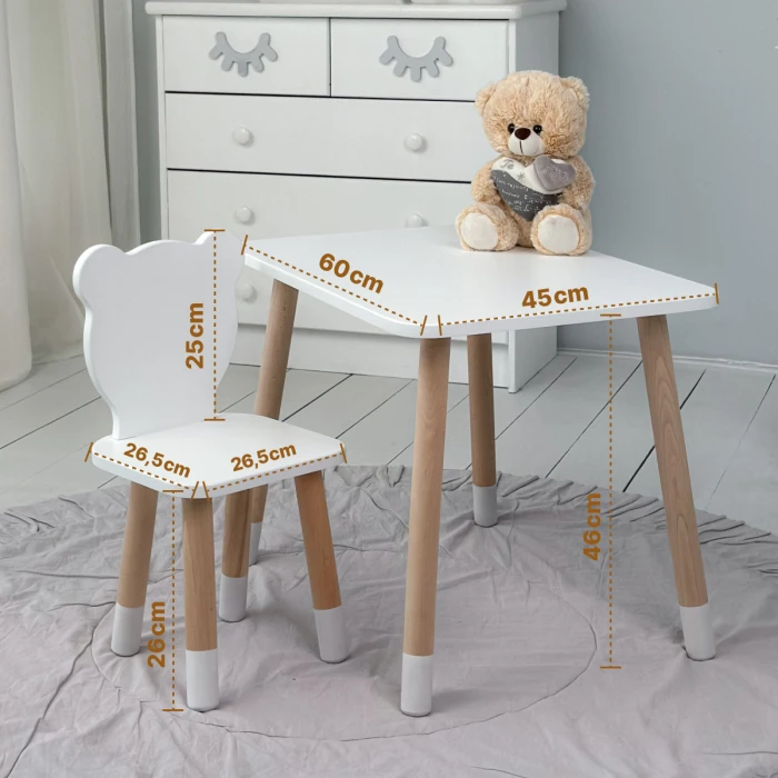 Стіл прямокутний 46х60х45 і стілець медведик 26.5х26х25, столик та стільчик для хлопчячої кімнати, білий