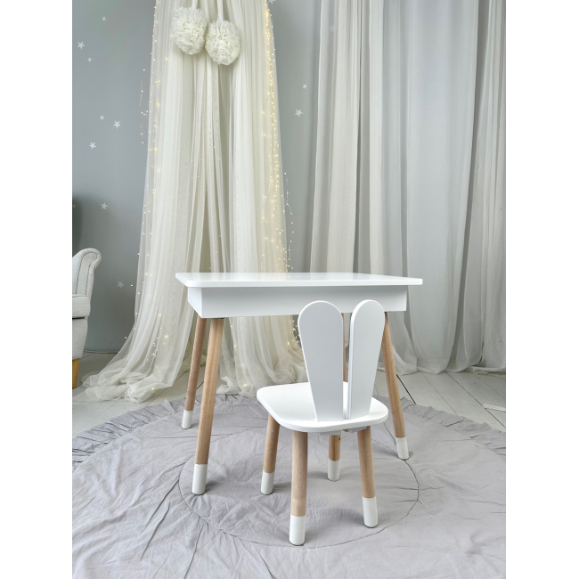 Детский столик с откидным верхом 53х60х45 и стульчик кролик 26.5х26х25, стол и стул для детей до 7 лет, белый