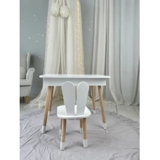 Детский столик с откидным верхом 53х60х45 и стульчик кролик 26.5х26х25, стол и стул для детей до 7 лет, белый