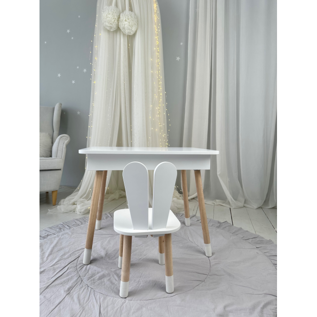 Детский столик с откидным верхом 53х60х45 и стульчик кролик 26.5х26х25, стол и стул для детей до 7 лет, белый
