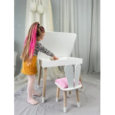 Детский столик с откидным верхом 53х60х45 и стульчик кролик 26.5х26х25, стол и стул для детей до 7 лет, белый