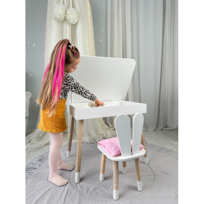 Детский столик с откидным верхом 53х60х45 и стульчик кролик 26.5х26х25, стол и стул для детей до 7 лет, белый