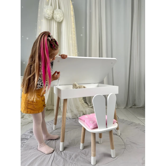 Дитячий столик з відкидним верхом 53х60х45 і стільчик зайчик 26.5х26х25, стіл та стілець для дітей до 7 років, білий