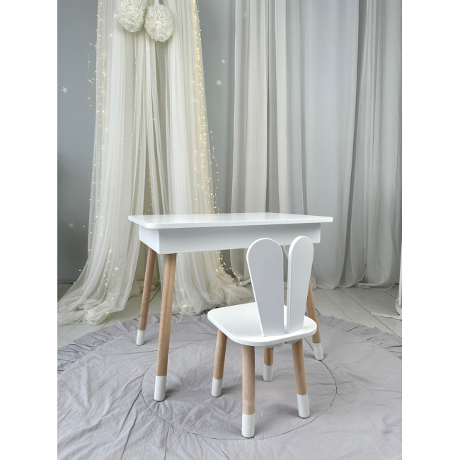 Детский столик с откидным верхом 53х60х45 и стульчик кролик 26.5х26х25, стол и стул для детей до 7 лет, белый