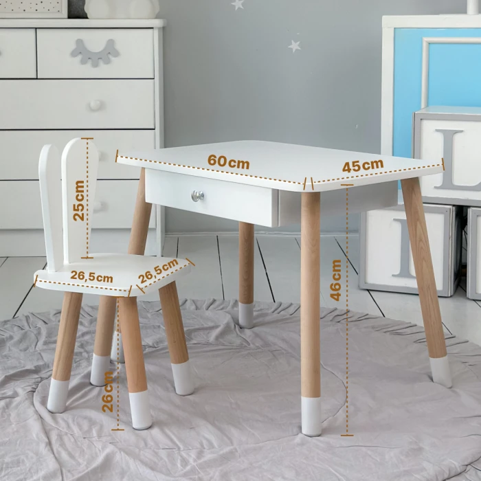 Стіл прямокутний з ящиком 46х60х45 і стілець вушка кролика 26.5х26х25, столик та стільчик в дитячу, білий