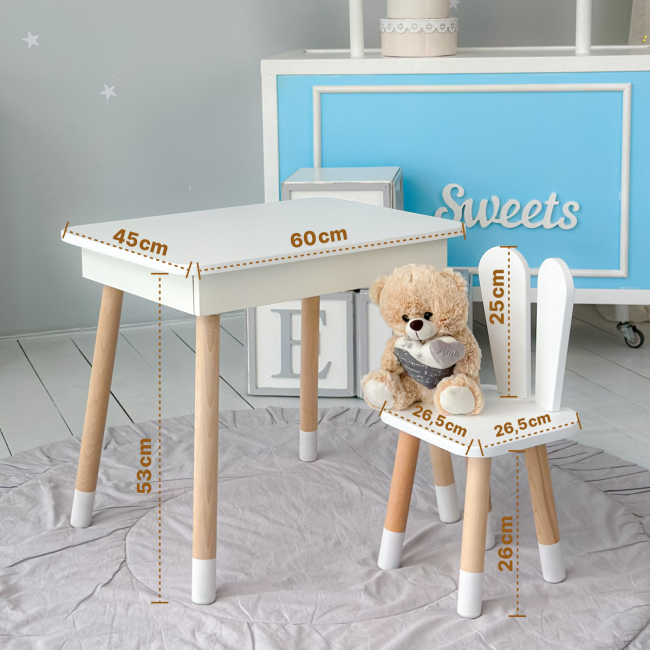 Детский столик с откидным верхом 53х60х45 и стульчик кролик 26.5х26х25, стол и стул для детей до 7 лет, белый