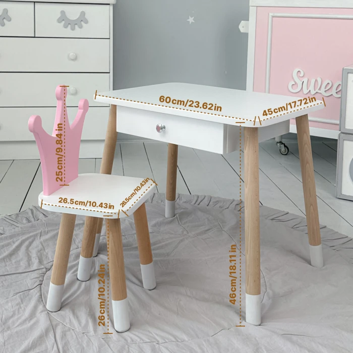 Дитячий столик білий і стільчик корона біло-рожевий. Столик із шухлядою для олівців і розмальовок 56787