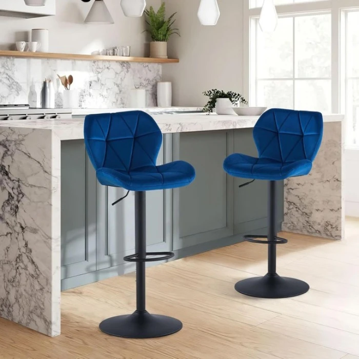 Барный стул со спинкой Bonro B-087 велюр синий с черным основанием