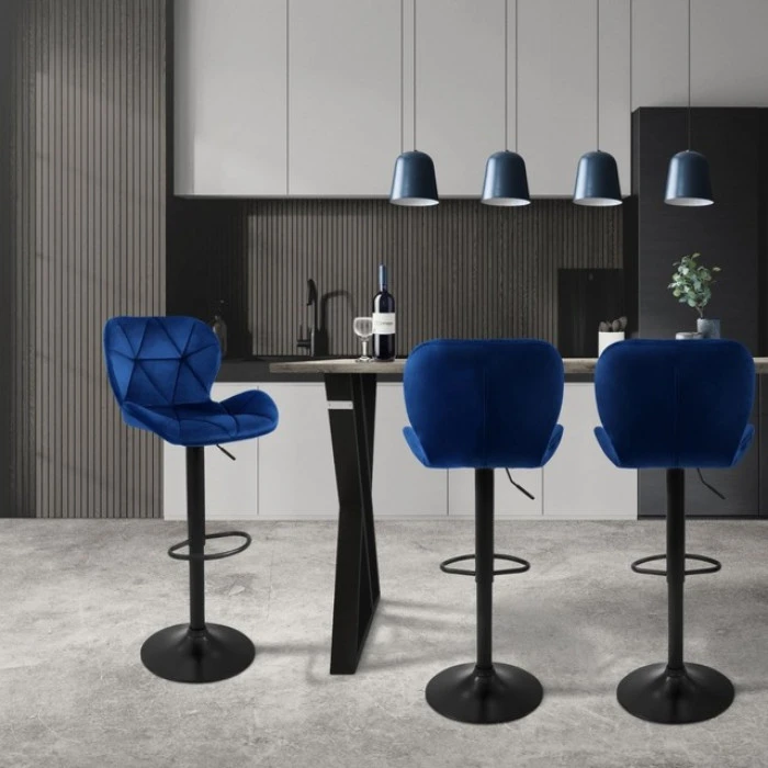 Барный стул со спинкой Bonro B-087 велюр синий с черным основанием