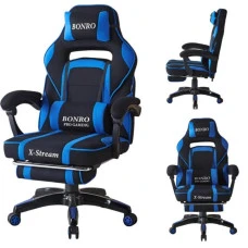 Крісло геймерське з тканини Bonro B-141 чорно-синє з підставкою для ніг