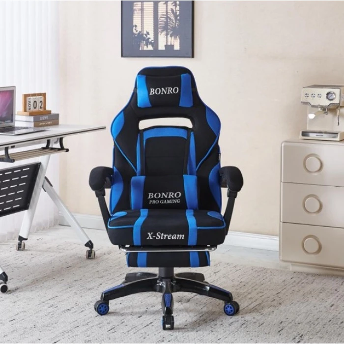 Крісло геймерське з тканини Bonro B-141 чорно-синє з підставкою для ніг