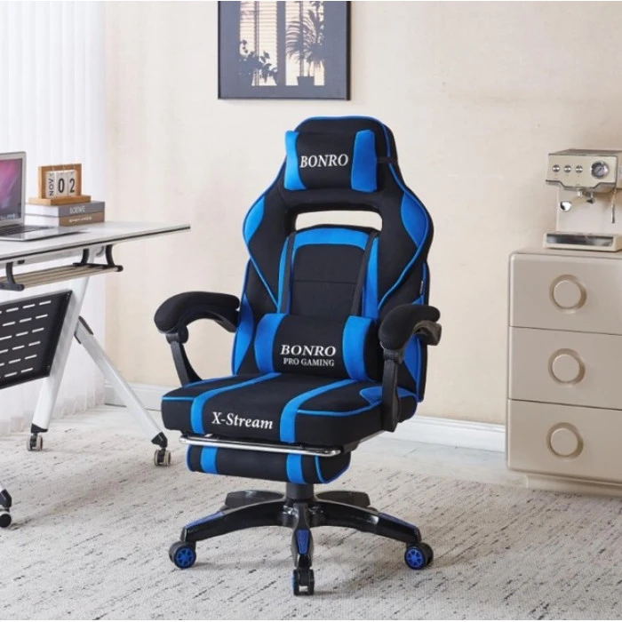Крісло геймерське з тканини Bonro B-141 чорно-синє з підставкою для ніг